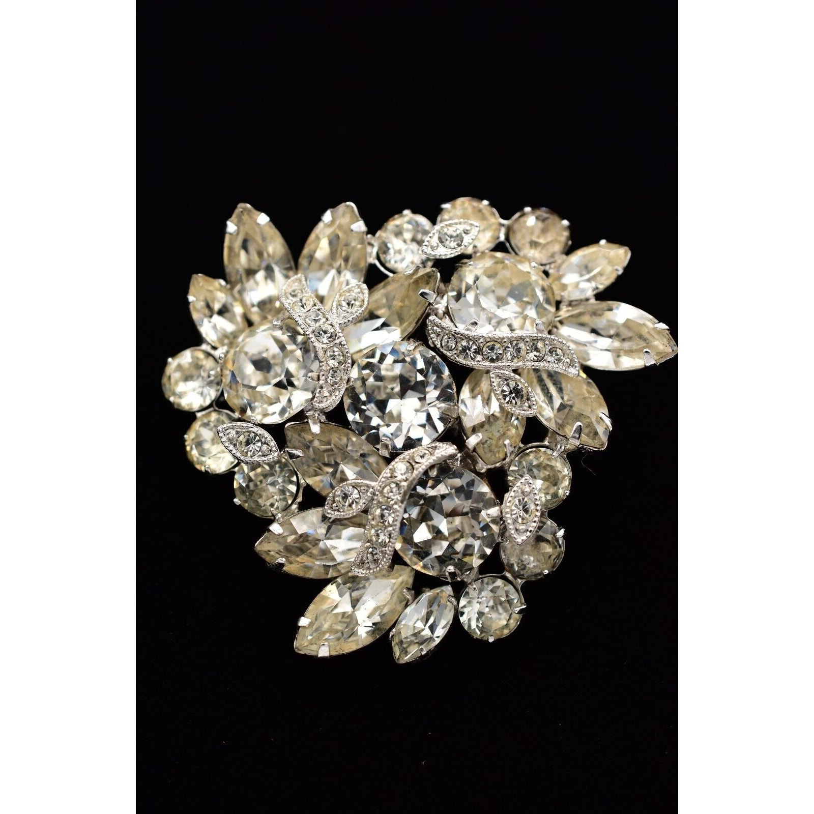 Eisenberg Ice Vintage Crystal Pin Brooch Floral Marquise Rhinestone Signed Binbg